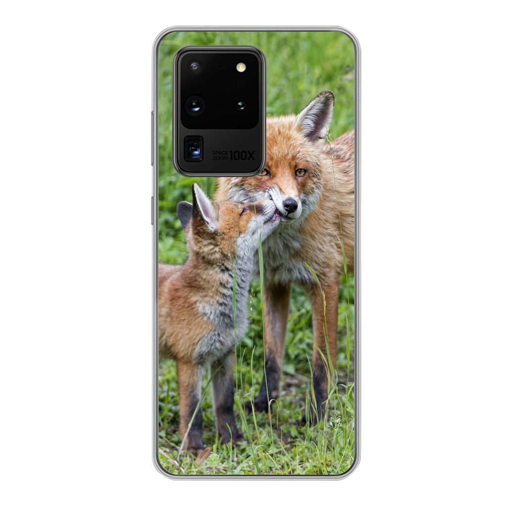 MuchoWow Handyhülle Schutzhülle Hülle für Samsung Galaxy S20 Ultra Füchse - Kind - Gras Silikon Softcase Handy Hülle - Karteninhaber
