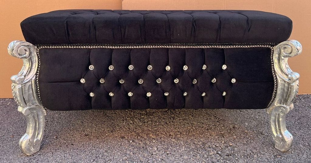 Casa Padrino Barock Sitzbank - Truhe mit Glitzersteinen Schwarz / Silber - Barock Möbel