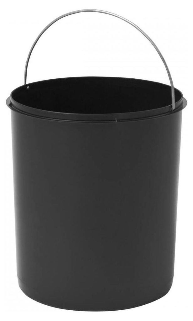A black trash can insert with a silver handle against a white background.