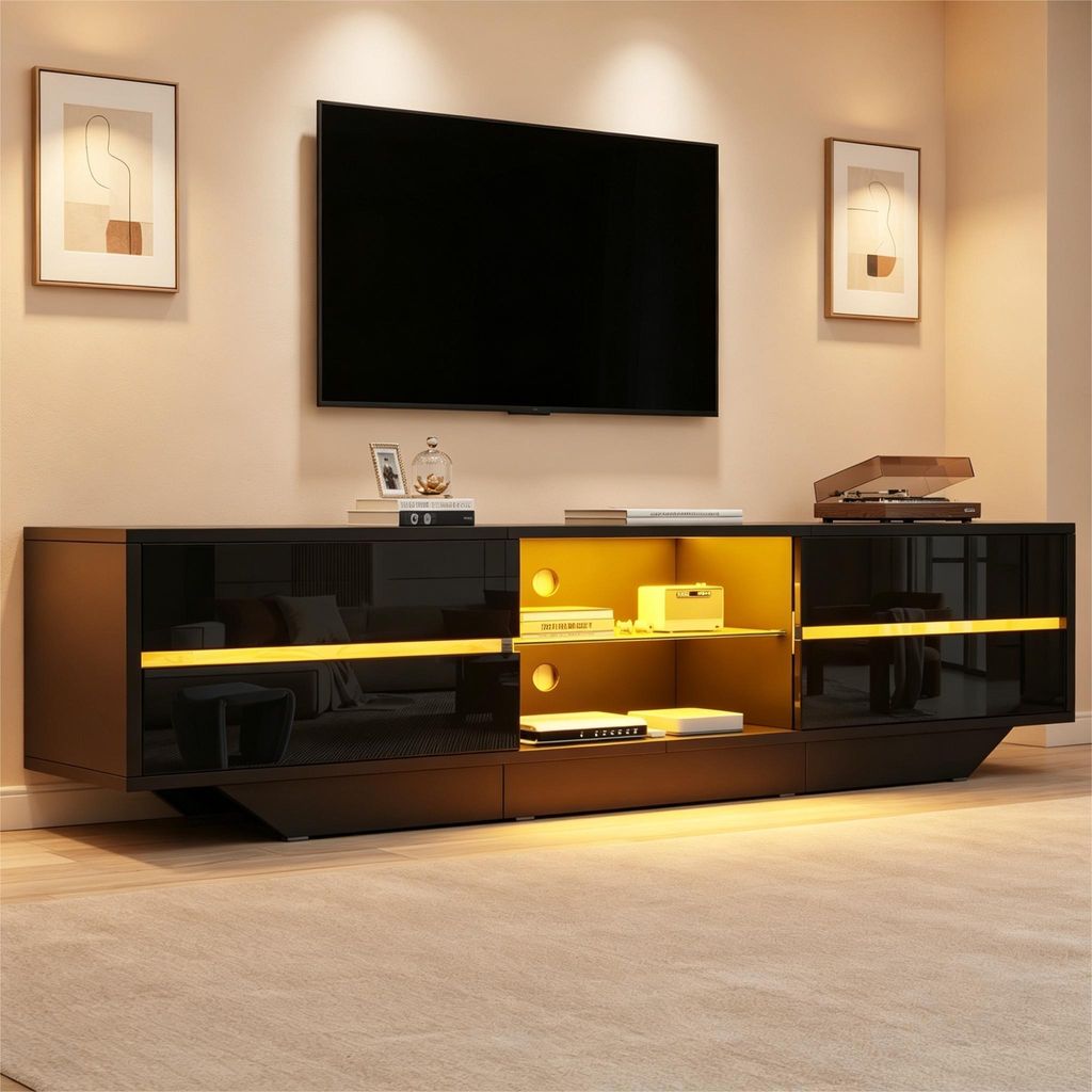 Meuble TV laqué brillant avec éclairage LED, meuble TV avec Image du produit 