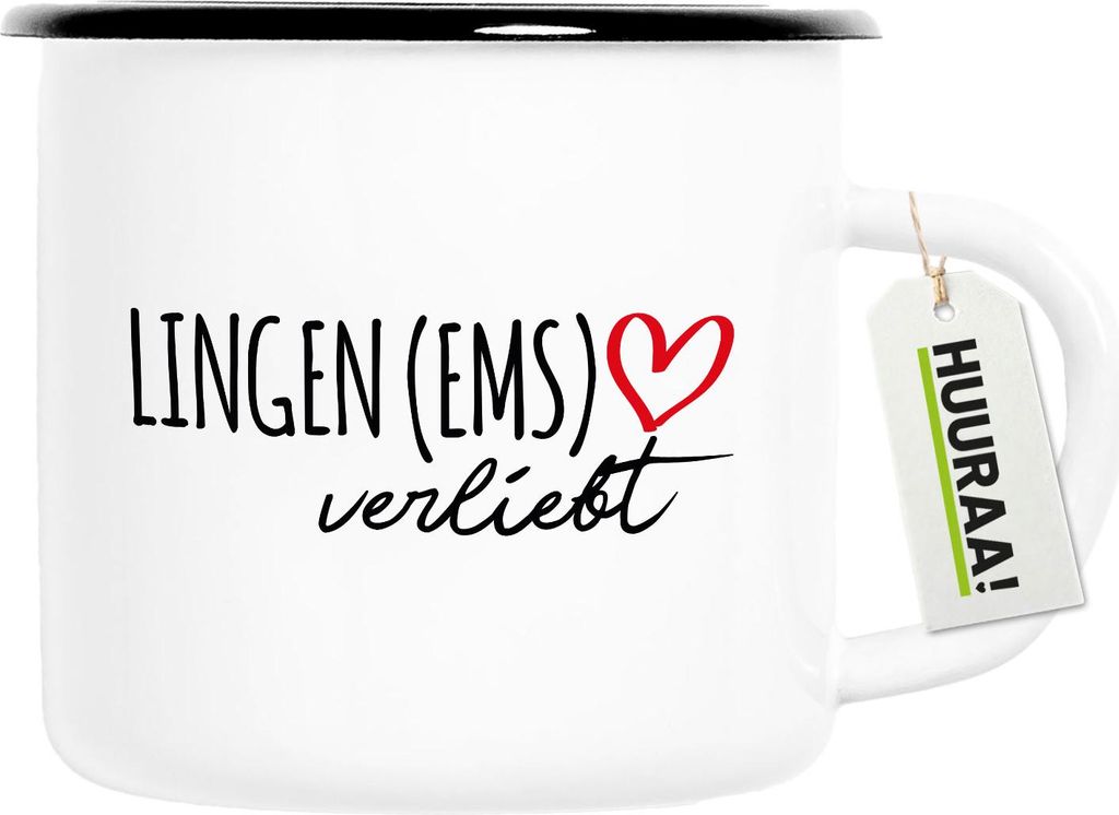 Huuraa Emaille Tasse Lingen (Ems) verliebt 300ml Vintage Campingbecher Geschenkidee