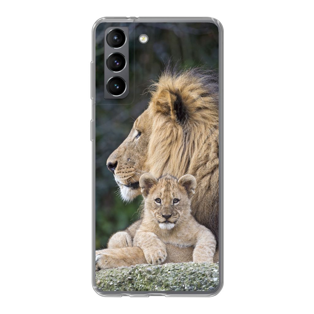 MuchoWow Handyhülle Schutzhülle Hülle für Samsung Galaxy S21 Erwachsener Löwe mit Jungtier Silikon Softcase Handy Hülle - Softcase