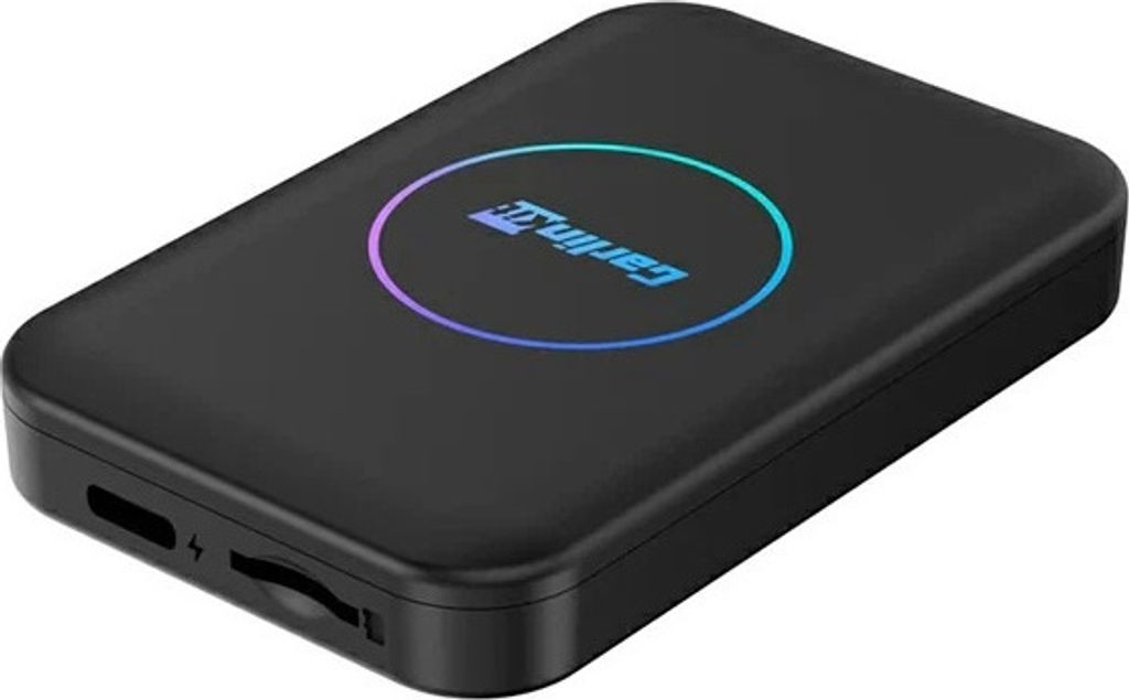 A black Carlinkit TBOX LITE S device with a colorful circular logo on top.