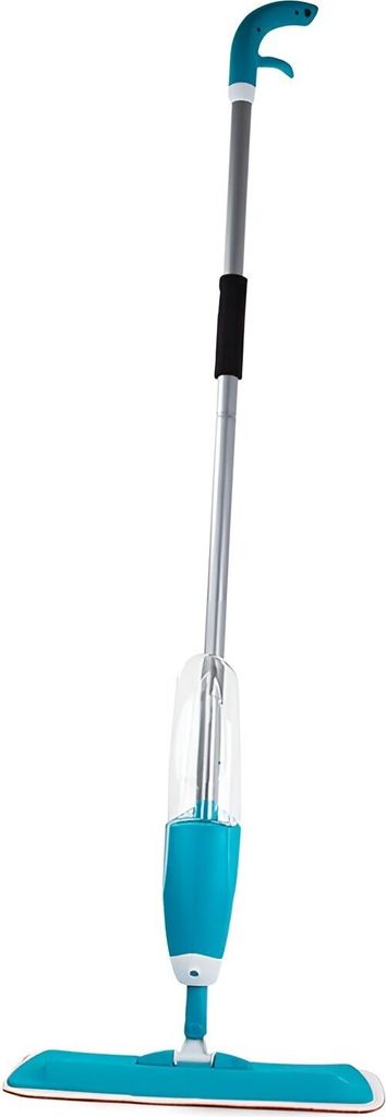A spray mop with a blue water tank and a blue mop head, standing upright against a white background.