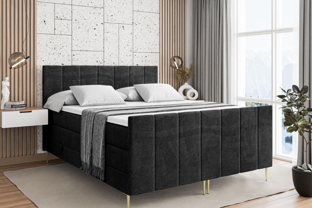 ALTDECOR Boxspringbett mit Gold Füßen, Matratze und Lattenrost, Topper, Fußteil, Polsterbett mit Bettkasten, Bett mit Stauraum H3- und H4- Matra...