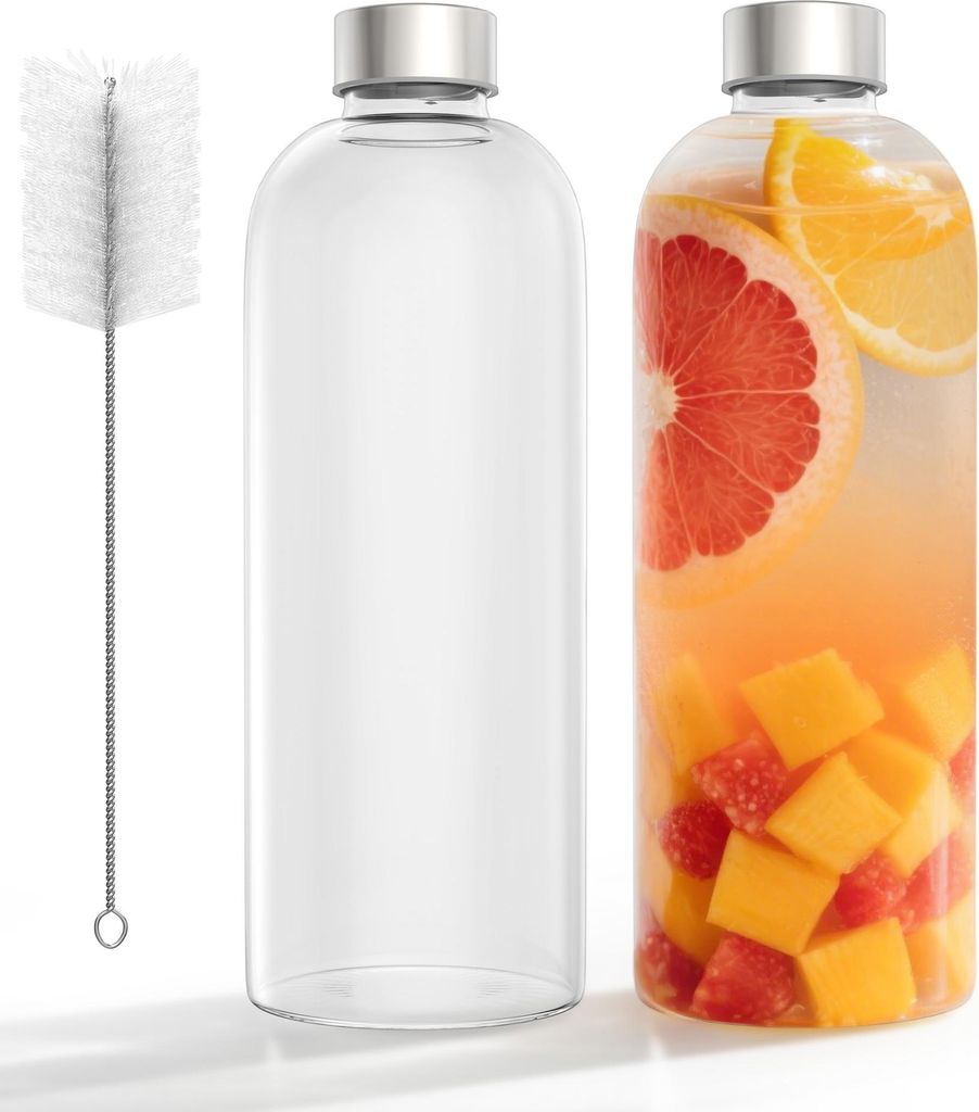 UISEBRT 2er Set 1000ml Glastrinkflaschen mit Edelstahldeckel - auslaufsicher, spülmaschinenfest, für heiße & kalte Getränke, Wasser, Saft, Smoo...