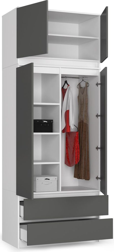 BDW Kleiderschrank mit 4 Türen, 4 Einlegeböden, Kleiderbügel, Weiß / Grau