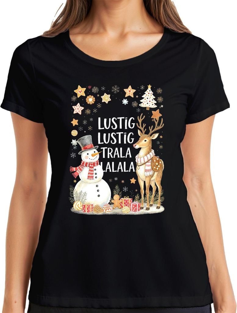 Lustig Lustig Trala Lalala Weihnachten Schneemann Rentier Retro Damen T-Shirt, Schwarz, XXL