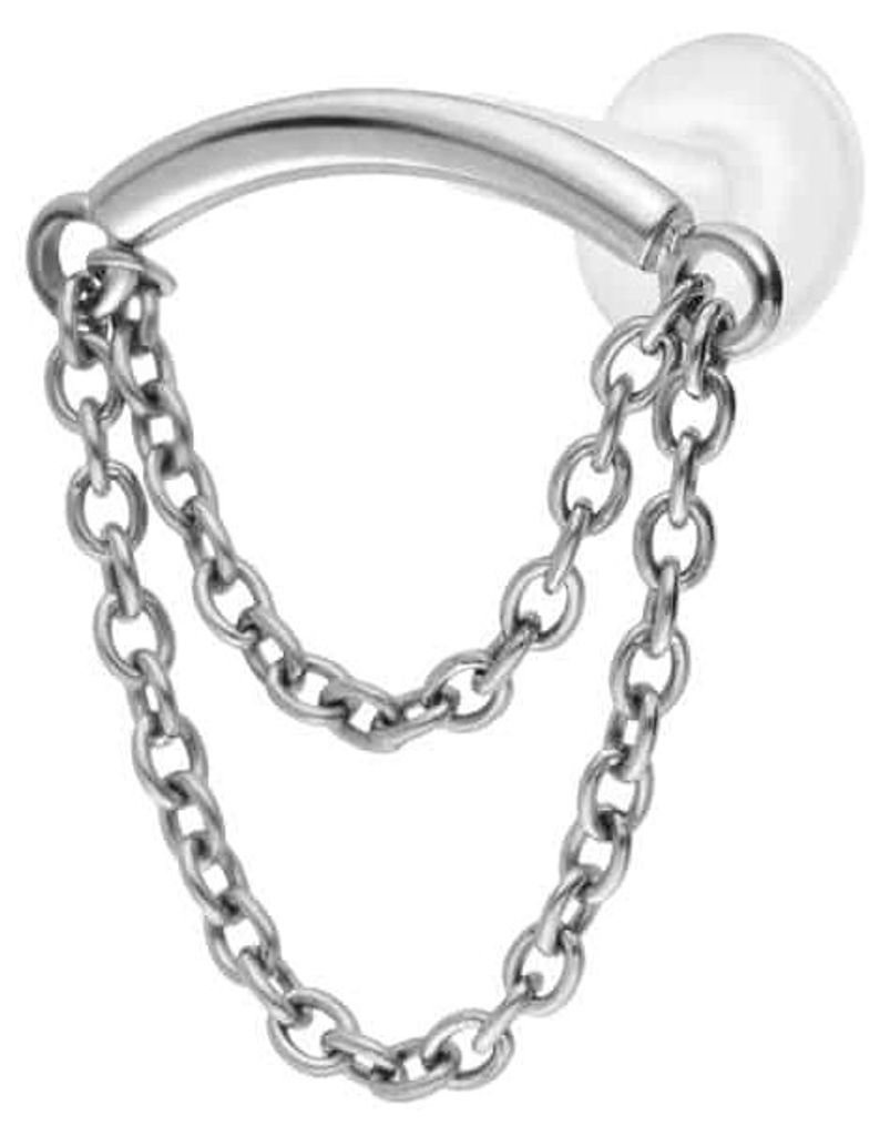 Ohrpiercing, Nasenpiercing PTFE Labret mit Innengewinde + Titan-Aufsatz BOGEN + 2 KETTEN Silber Stablänge: 5mm | Stabstärke: 1,2mm