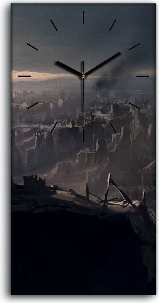 Leinwand Wanduhr Wandkunst Uhr Quarz 30x60 Die zerstörte Stadt digitale Malerei - schwarze Hände