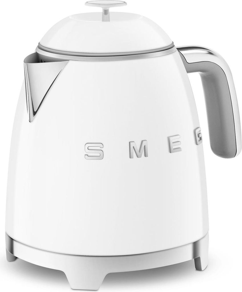 A white Smeg mini water kettle is shown against a white background.