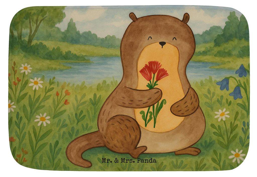 Mr. & Mrs. Panda Badteppich Otter Blumenstrauß Design - Weiß - Geschenk, Seeotter See, Vorleger Bad, Badvorleger, duschmatte, Fischotter, Niedlic...