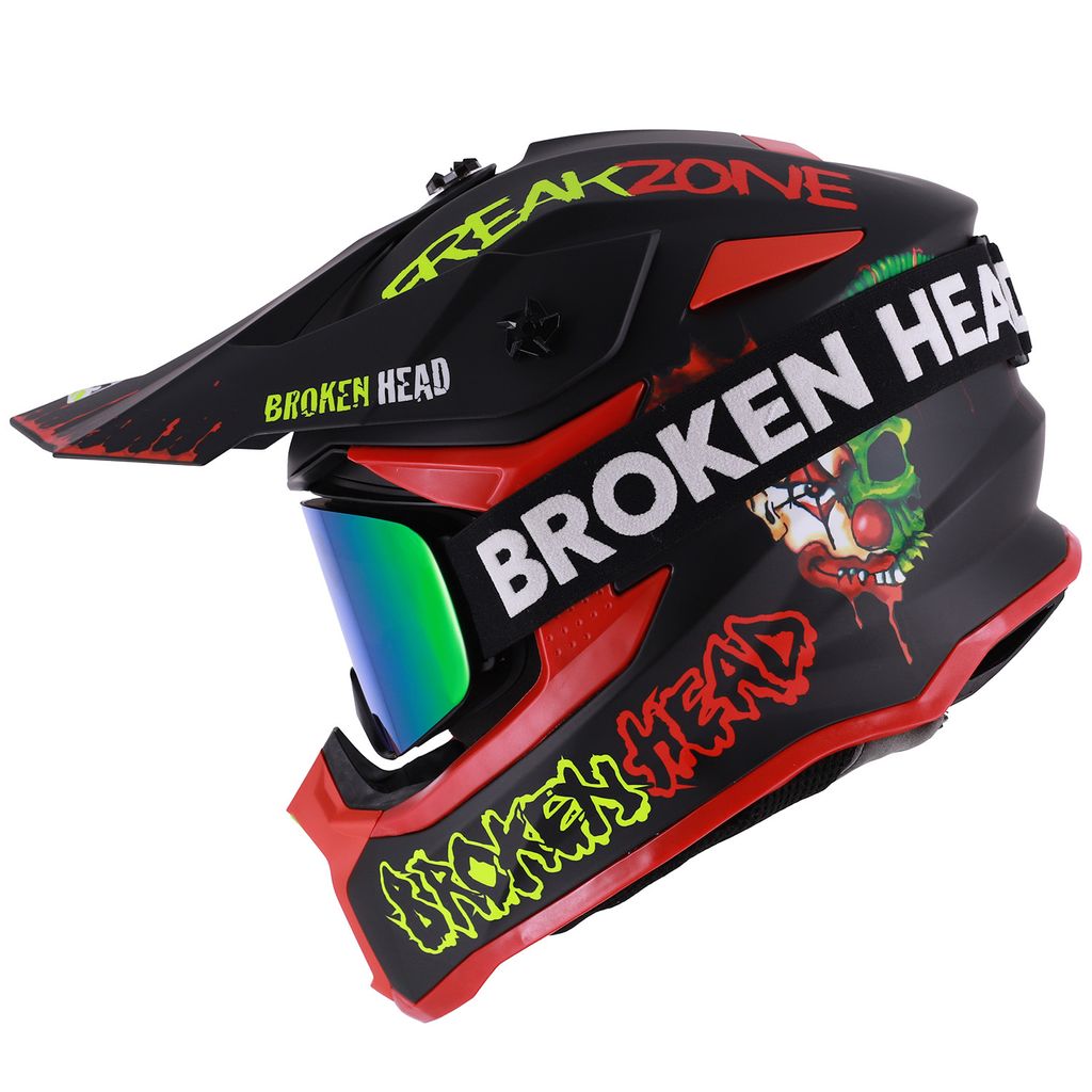 Broken Head Crosshelm FreakZone Schwarz-Rot-Grün+ MX-Brille Struggler Grün : M (57-58 cm) Größe: M (57-58 cm)