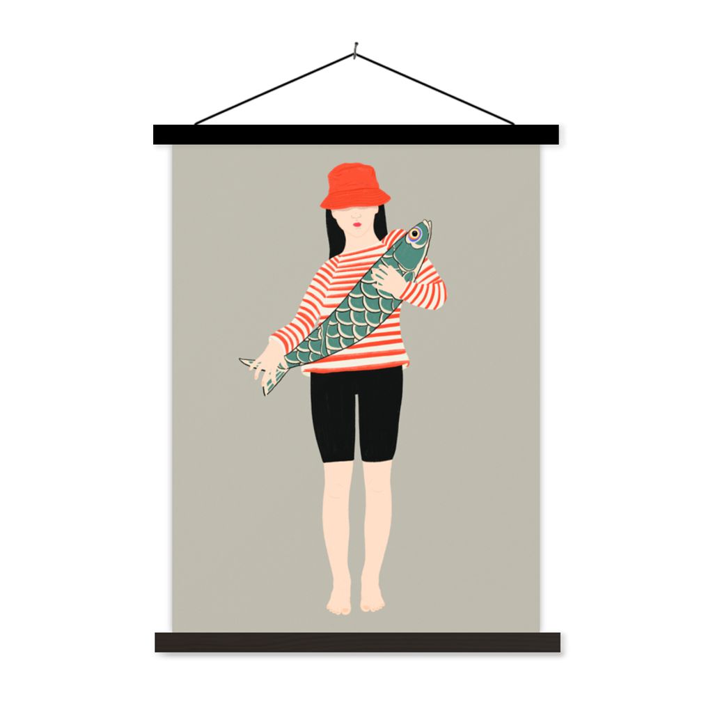 MuchoWow Textilposter Frau - Fisch - Jahrgang 120x160 cm mit schwarzem Rahmen - Magnetischer