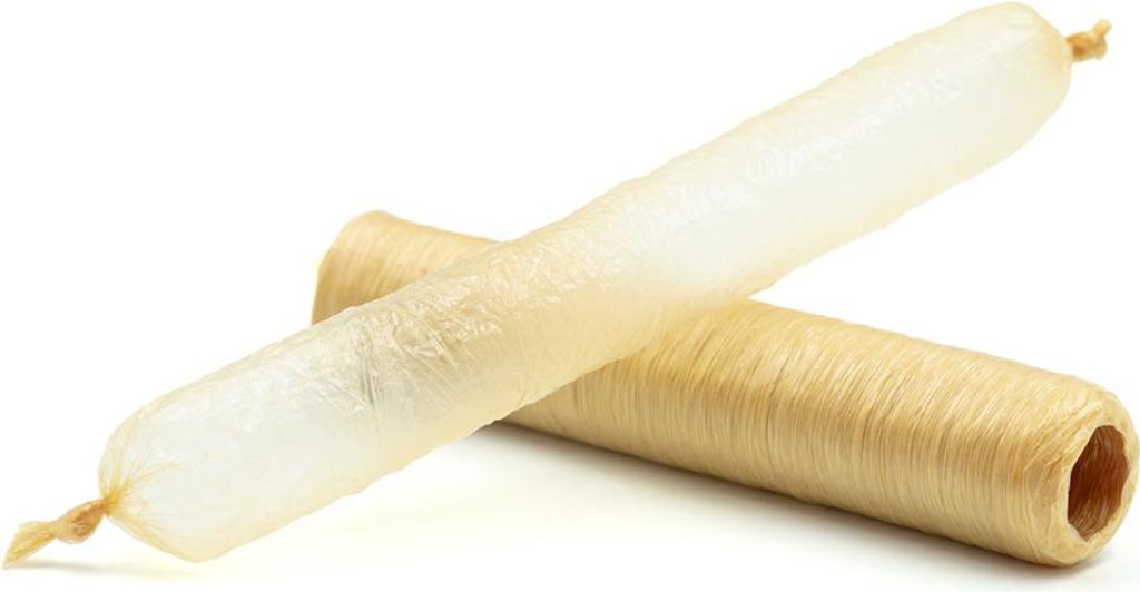 Two collagen casings for sausages are shown on a white background.