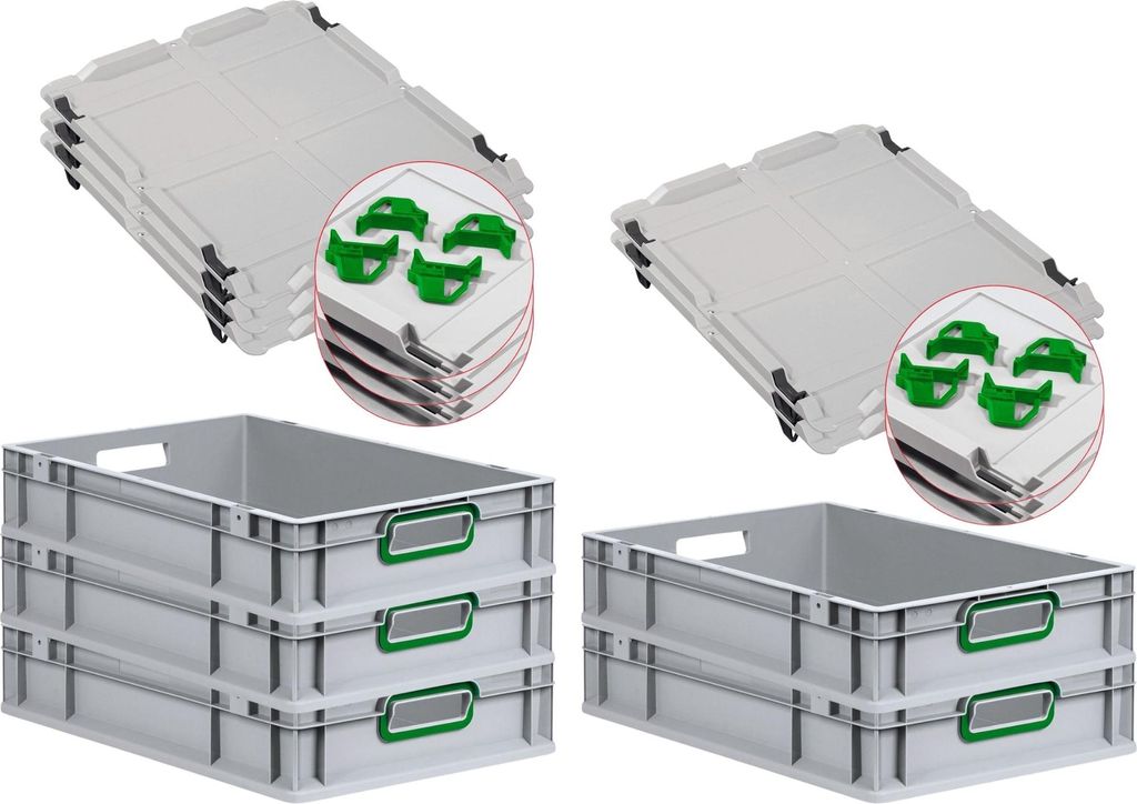SparSet 5x Eurobox NextGen Color mit Auflagedeckel und Schiebeschnappverschlüsse | HxBxT 12x40x60cm | 23 Liter | Griffe grün offen | Glatter Bode...