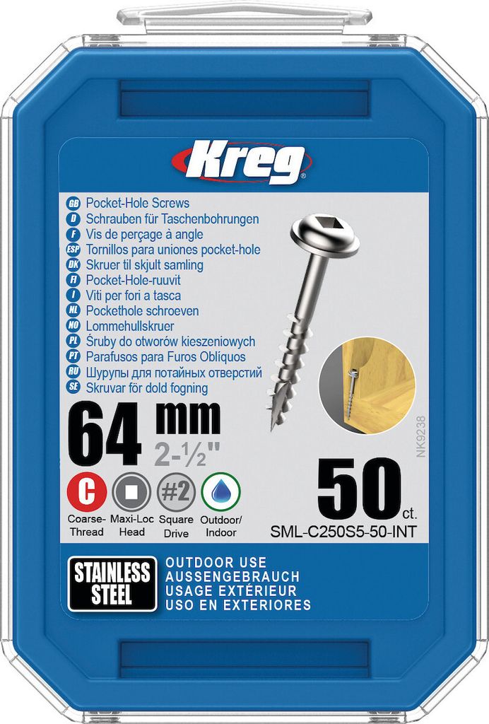 Kreg Pocket-Hole Schrauben 64 mm, Edelstahl, Maxi-Loc, Grobgewinde - 50Stk.