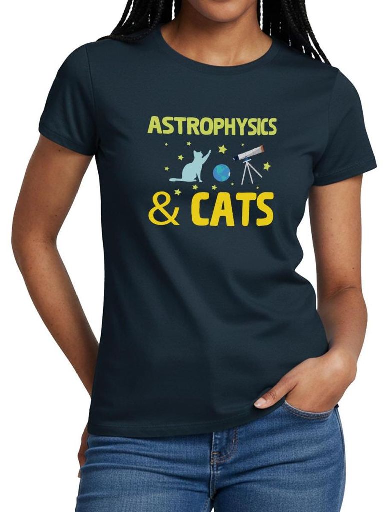 Spreadshirt Astrophysics & Cats | Katze Und Weltraum Frauen T-Shirt, M, Navy