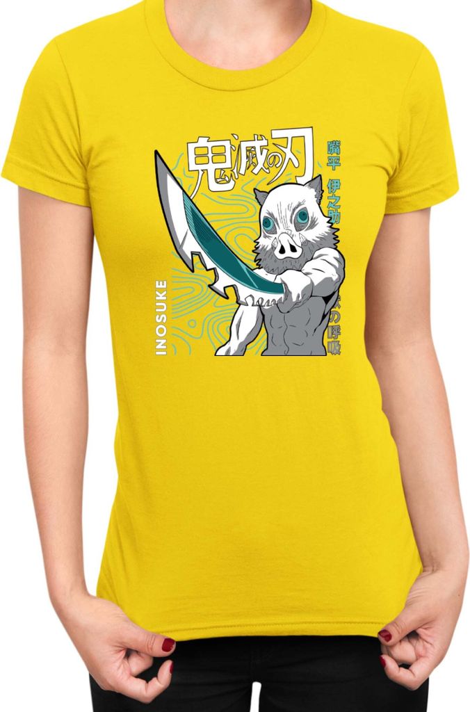 Damen T-Shirt Demon Anime Slayer Kimetsu No Yaiba Inosuke Hashibara 004, Lady L / Gelb