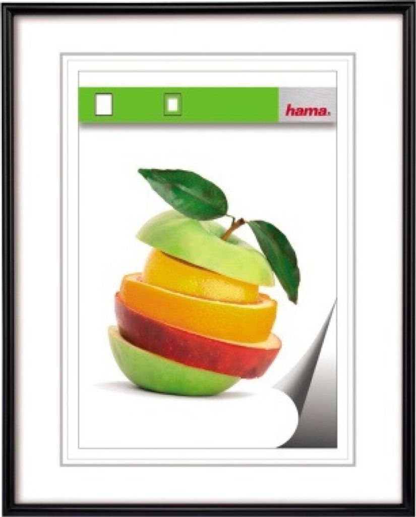 A framed image with a graphic of stacked fruit slices and a brand logo.