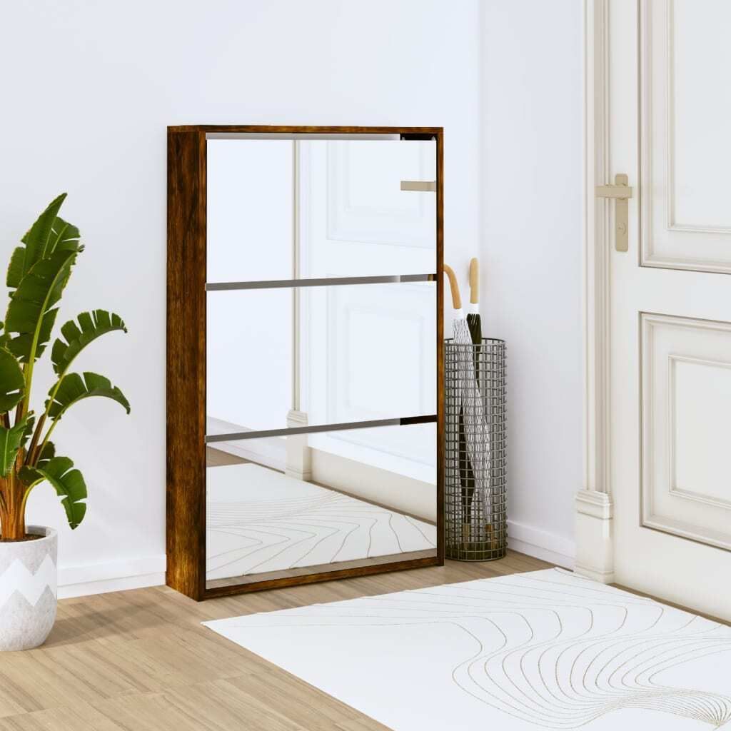 Eleganten-Stil Schuhschrank mit Spiegel 3 Fächer Räuchereiche 63x17x102,5 cm - Schuhregale Hommie6985055 1parcel