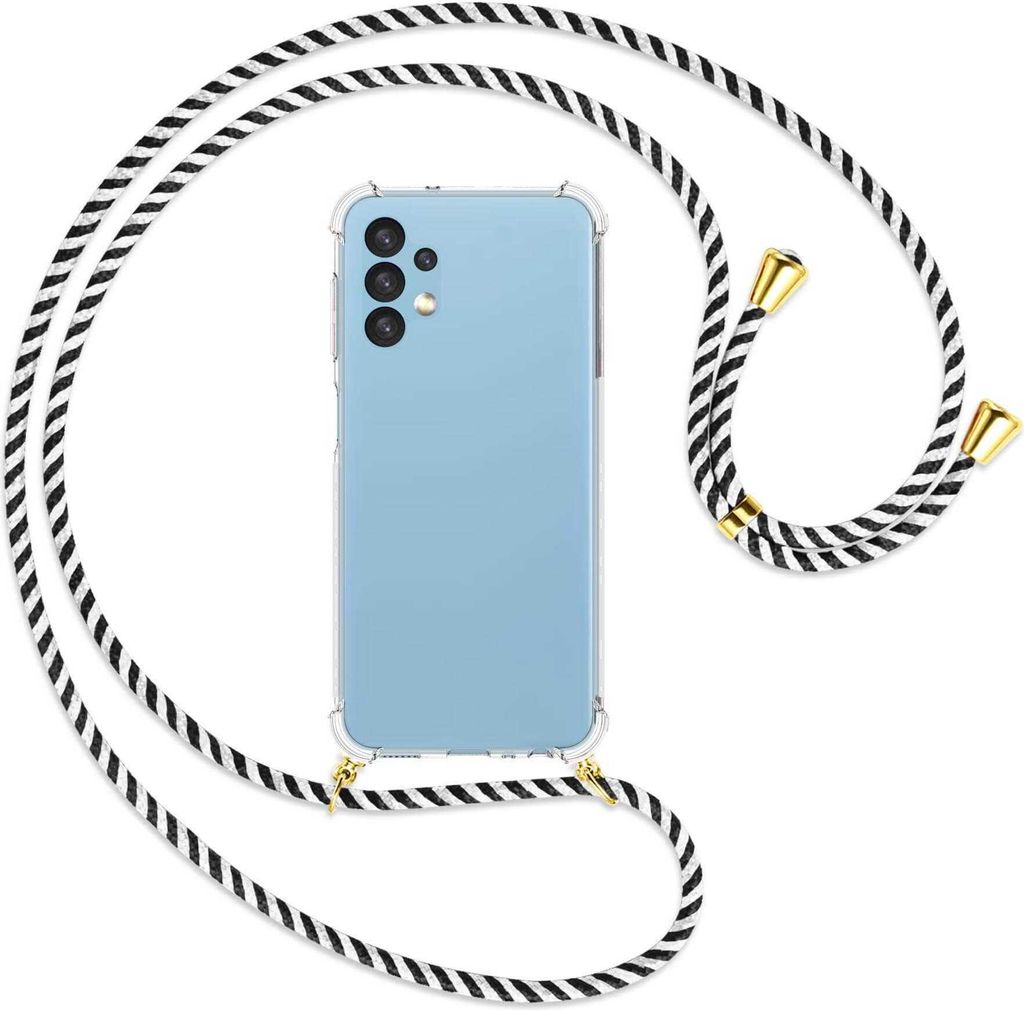 Handykette Backcover-Schutzhülle mit Band (Metall goldfarben) für Samsung Galaxy A13 4G - schwarz/weiß gestreift
