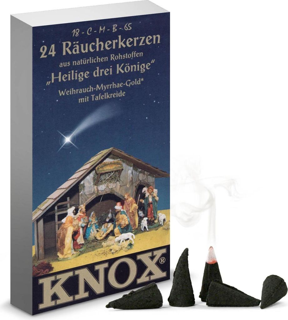 KNOX-Räucherkerzen "Heilige drei Könige" Weihrauch-Myrrhe-Gold, mit Tafelkreide und Abbrennschale