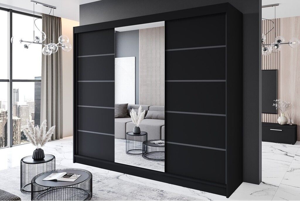 Easy4You R6 250 cm Schwarz Schiebetüren Kleiderschrank 250x215x58 cm mit Spiegel - Schlafzimmermöbel, Aufbewahrung - Mehrzweckschrank