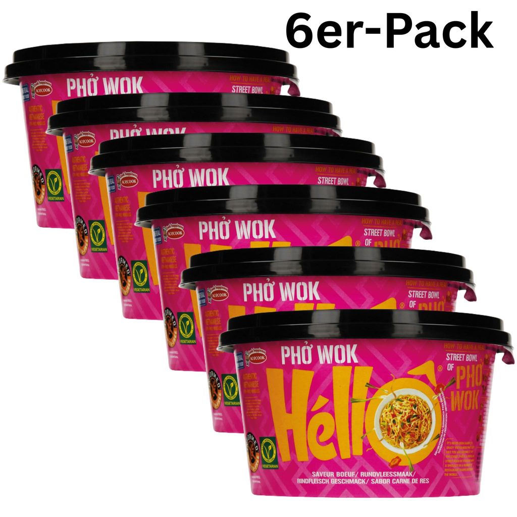 6er-Pack ACECOOK Pho Wok Hello in Bowl Instant Reisnudeln Rindfleisch 76g