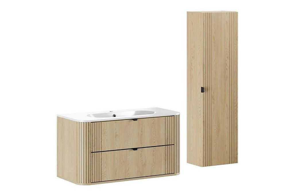 Badmöbel- Set Mit Hochschrank Einbauwaschbecken & Unterschrank 100 cm , Ovalia Cremona O BM404 - Cremona-Eiche