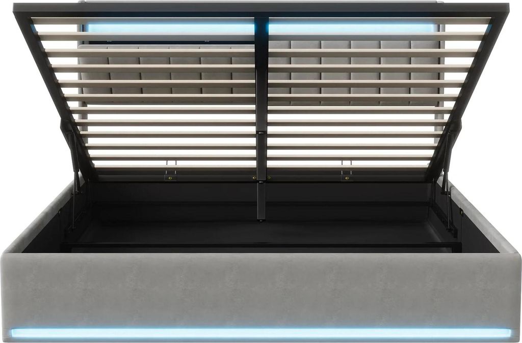 Bett - Polsterbett Doppelbett - 140×190 cm - Hydraulischer Bettkasten - Kopfteil mit Stauraum - LED & USB - Samt gepolstert - Grau