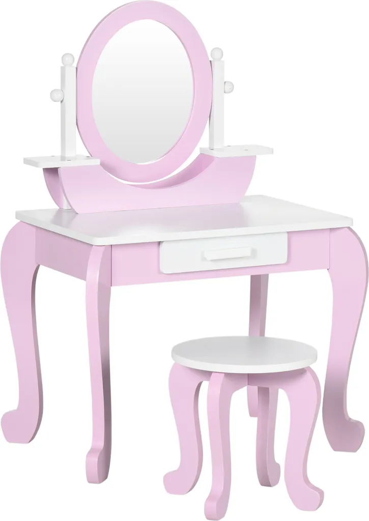 Coiffeuse pour enfants avec miroir et tabouret rose en bois 65cm 1 tiroir