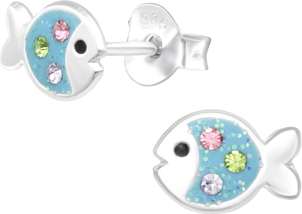 Kinder Ohrringe Ohrstecker 925 Sterling Silber Fisch mit Kristallen