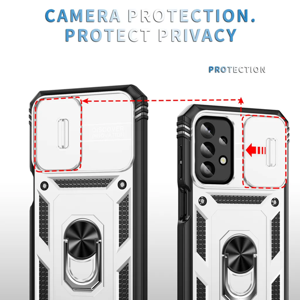 Custodia per Samsung Galaxy A23 5G/4G protezione fotocamera scorrevole, resistente agli urti, con supporto ad anello, supporto e porta carte Bianco - 2