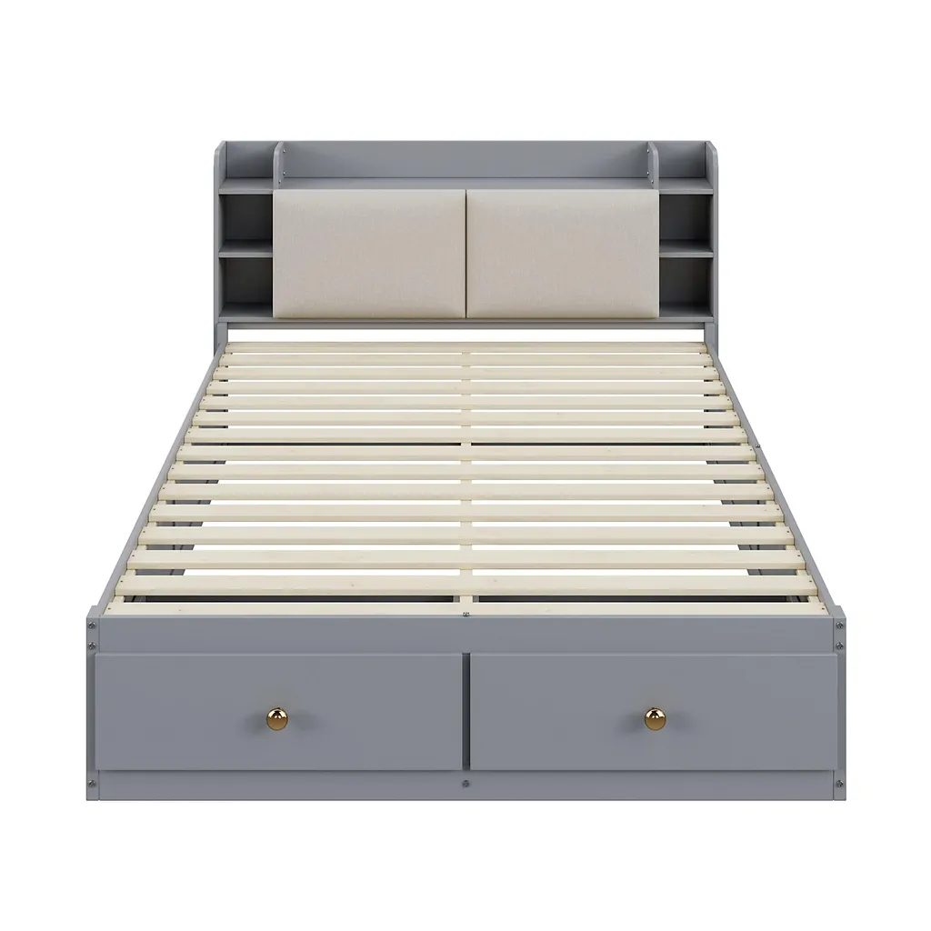 Lit double combiné gain de place 140x200, bois gris avec rangements - 18