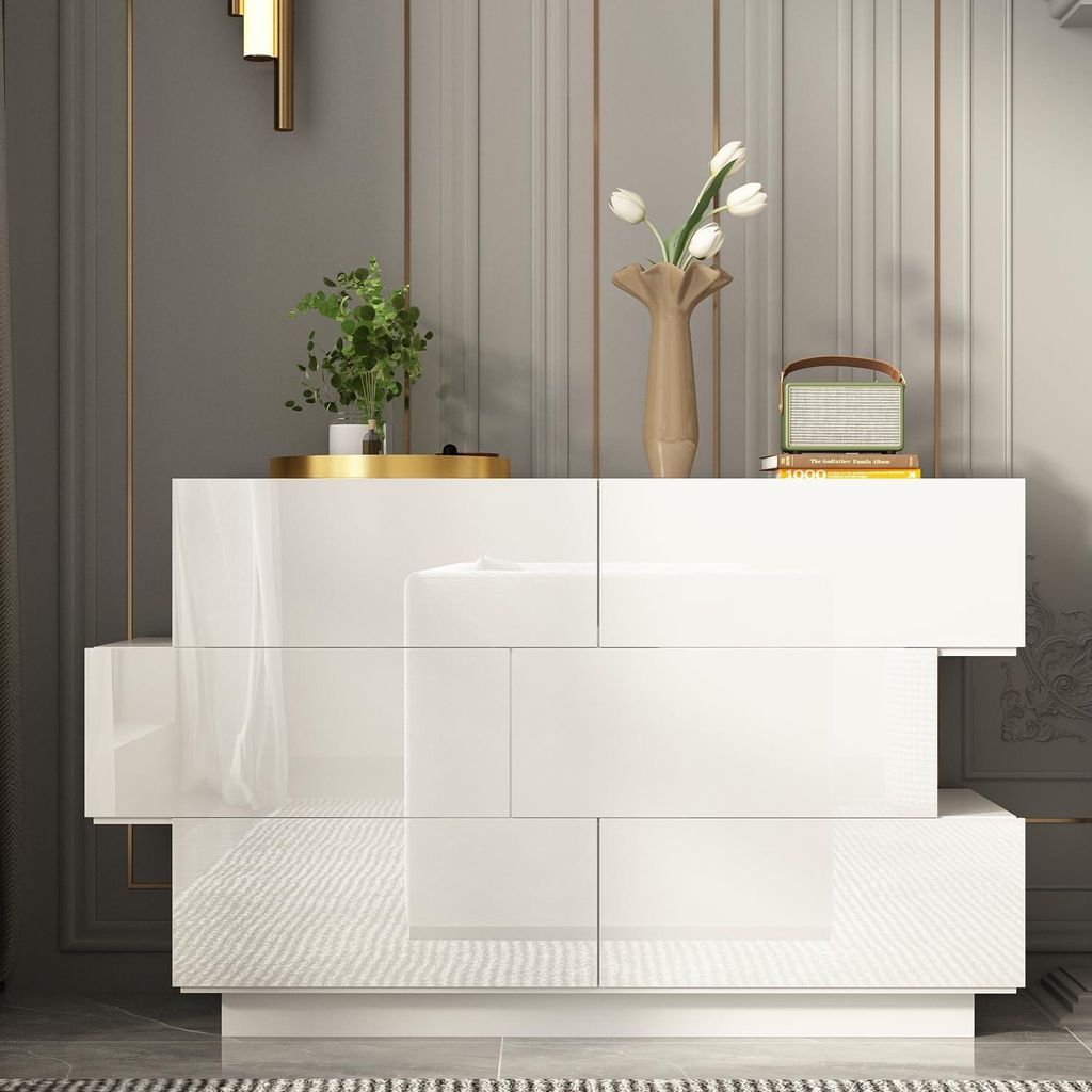 Kommode mit 6 Schubladen, Sideboard, Schubladenschrank mit Einzigartiges Mehrstufiges Design, für Wohnzimmer, Flur, Weiß, MDF, 40 x 127 x 76 cm