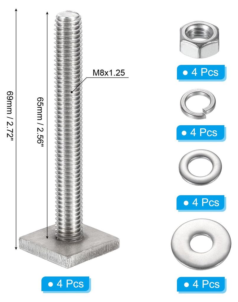 T-nut Adapter Nutensteine M8 x 65mm 4 Set Gep?cktr?ger Edelstahl Nutensteine Dachtr?ger Schrauben mit Mutter Unterlegscheiben fš¹r Relingtr?ger F...