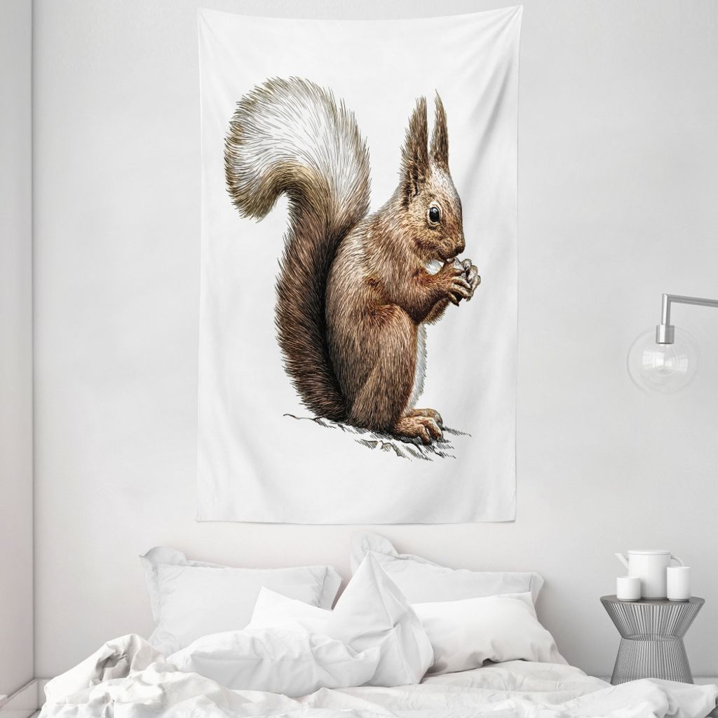 ABAKUHAUS Eichhörnchen Wandteppich und Tagesdecke, Sketch Artwork Wildlife aus Weiches Mikrofaser Stoff Waschbar ohne Verblassen Digitaldruck, 140...
