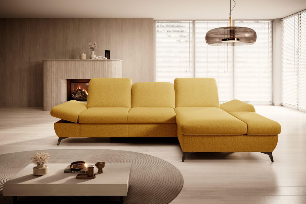 Masseno Ecksofa FELICE R-S mit Schlaffunktion L-Form, Sofa mit Bettkasten, Wohnzimmersofa, Couch, Soffa, Bettsofa, Couchgarnitur- Gelb, MATANA 09