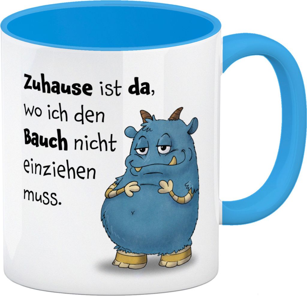 Freches Monster in blau Kaffeebecher in hellblau mit lustigem Spruch