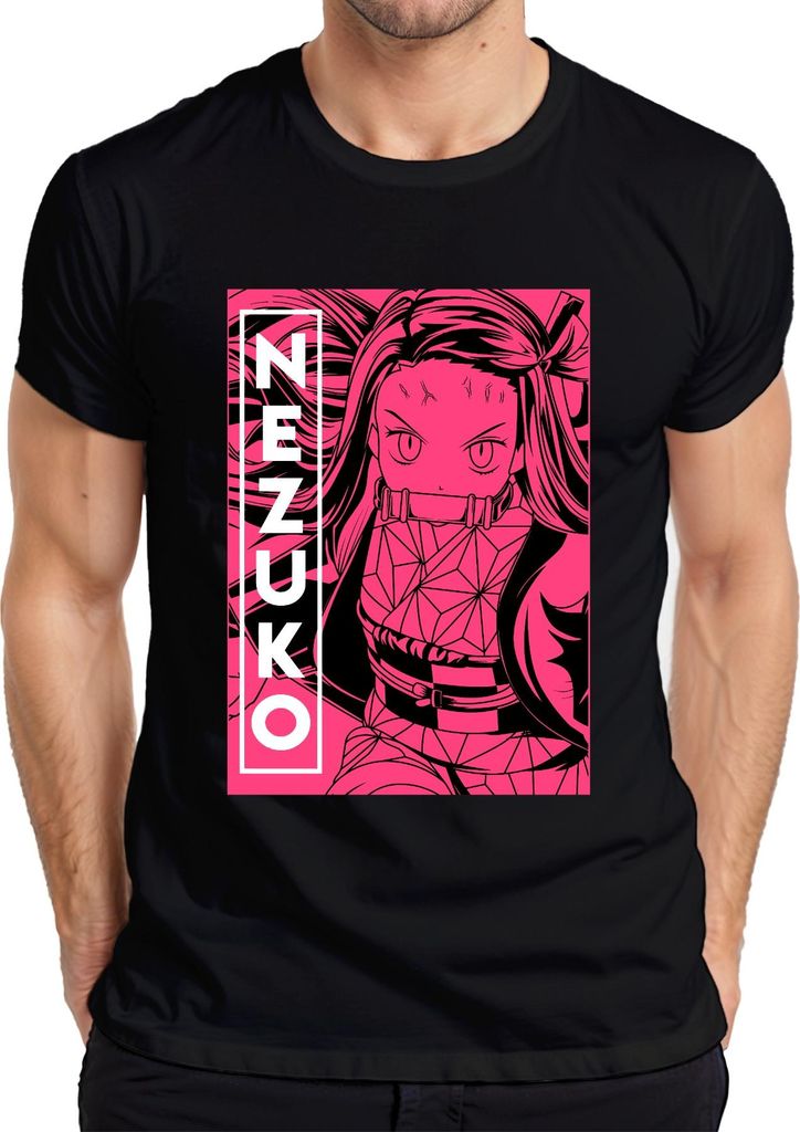 Nezuko Demon Slayer Kimetsu no Yaiba Bambus Beißstück Rosa Herren T-Shirt, Schwarz, XL