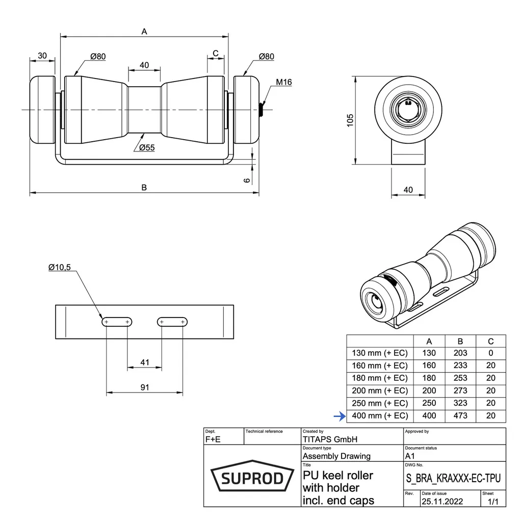 Rullo per Chiglia in Poliuretano Blu SUPROD 400mm - Supporto Zincato - 4