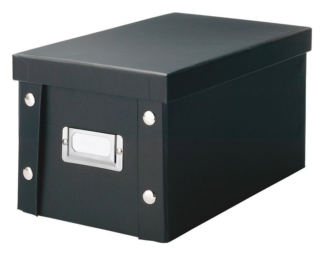 A black storage box with a lid and a label holder on the front, isolated on a white background.