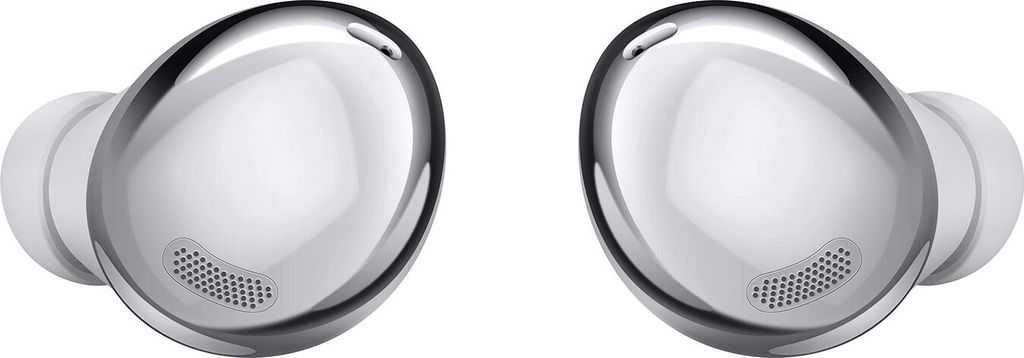 A pair of silver in-ear headphones.