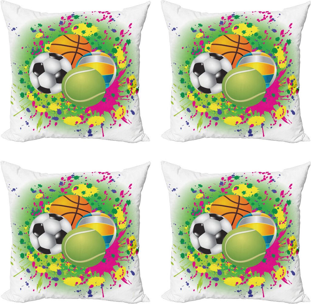 ABAKUHAUS Sport Kissenbezug Set (4 Stück), Sportbälle Splash, Moderner Doppelseitiger Digitaldruck, 50 cm x 50 cm, Mehrfarbig