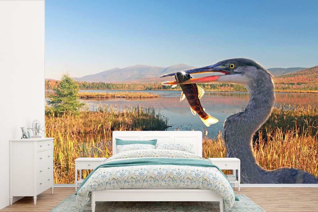 MuchoWow Fototapete für Wohnzimmer oder Schlafzimmer Wandtapete Vinyl Motivtapete Vogel - Fisch - Wasser - Herbst - 330x220 cm - Fototapeten