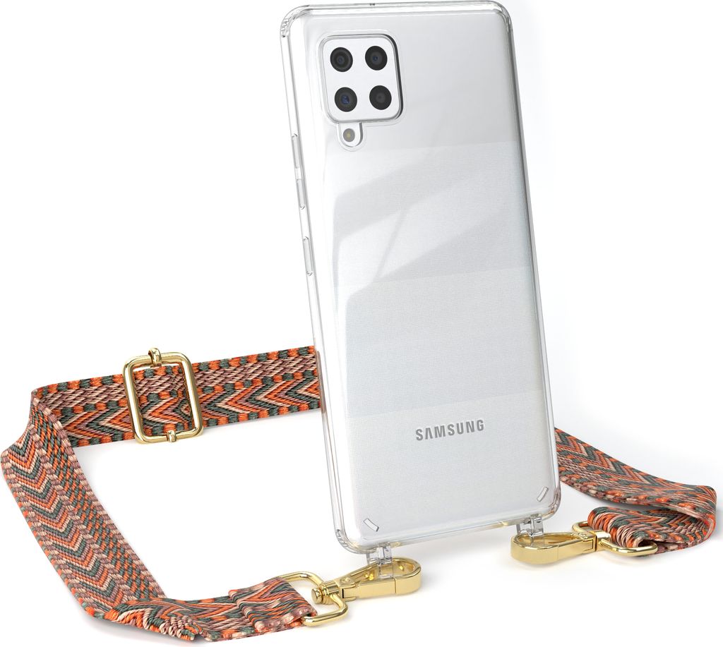 EAZY CASE Handykette - Verstellbarer Trageriemen kompatibel mit Samsung Galaxy A42 5G, Handykordel mit transparenter Silikon-Hülle, Band in Orange