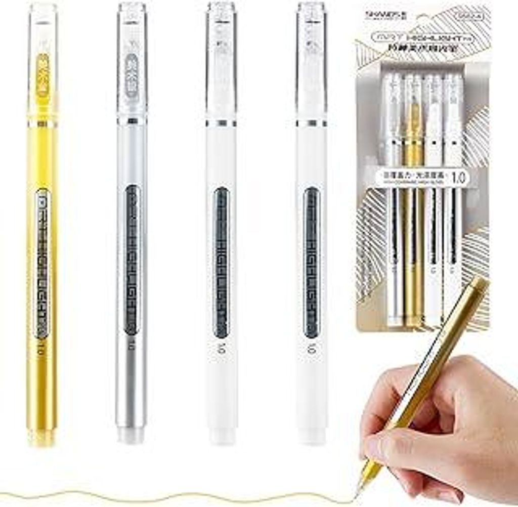 Nurila 4 Stück Gelstifte für Highlights Set, 1.0mm Gold Sliber Weißer Stift, Schnelltrocknend Weißer Gelstift, White Gel Pen für Schreiben, Ze...