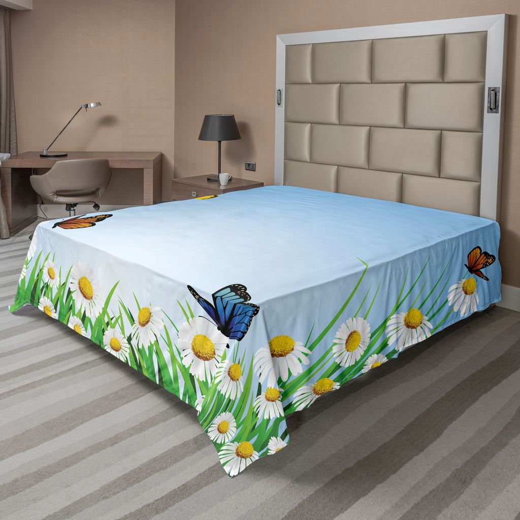 ABAKUHAUS Schmetterling Bettlaken, Gänseblümchen Mit Schmetterlinge Szenischen Himmel Kamillen Natur Glück Kunst, weiches bequemes oberes Bettla...