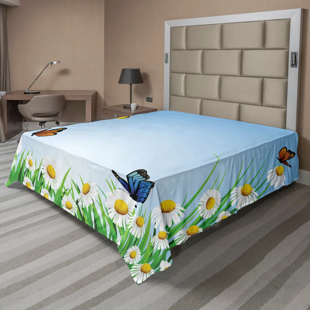 Drap de Lit Doux Anti-Plis Motif Papillons et Nature Format 275x260 cm